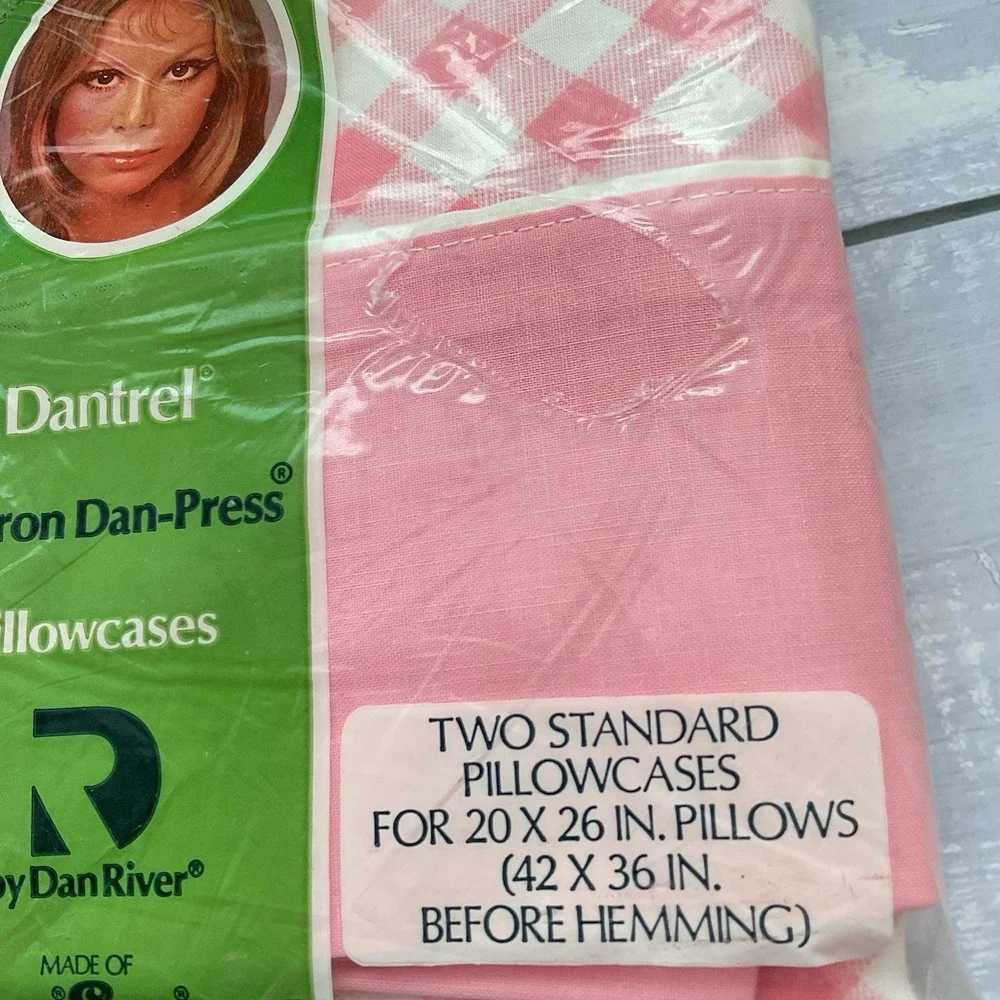 Dantrel Dan River Double Sheet Set Flat Fitted‎ Pillowcases Pink White Check VTG